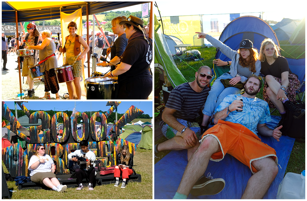 A drum circle, festival goers playing guitar beside a 2000trees sign, campers outside their tents