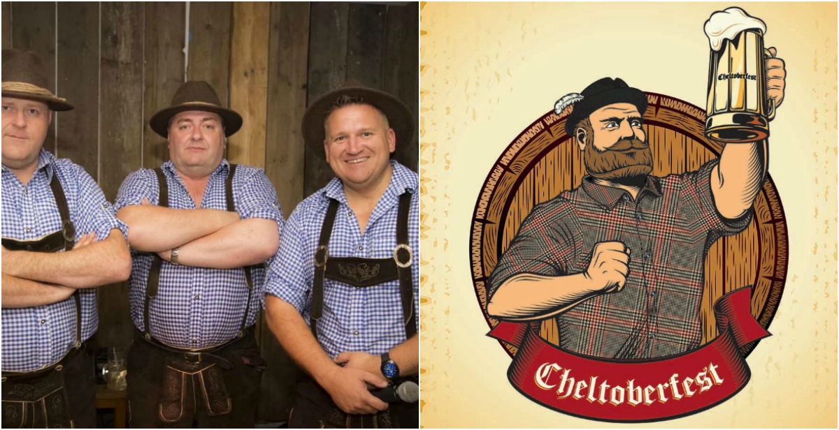 Cheltoberfest - men dressed up for Cheltoberfest and the promotional poster
