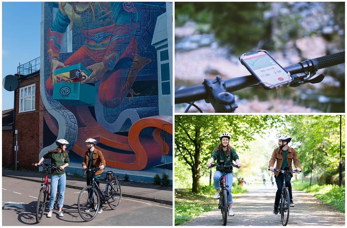 Images of cyclists exploring Cheltenham and a mobile phone attached to a bike handlebar