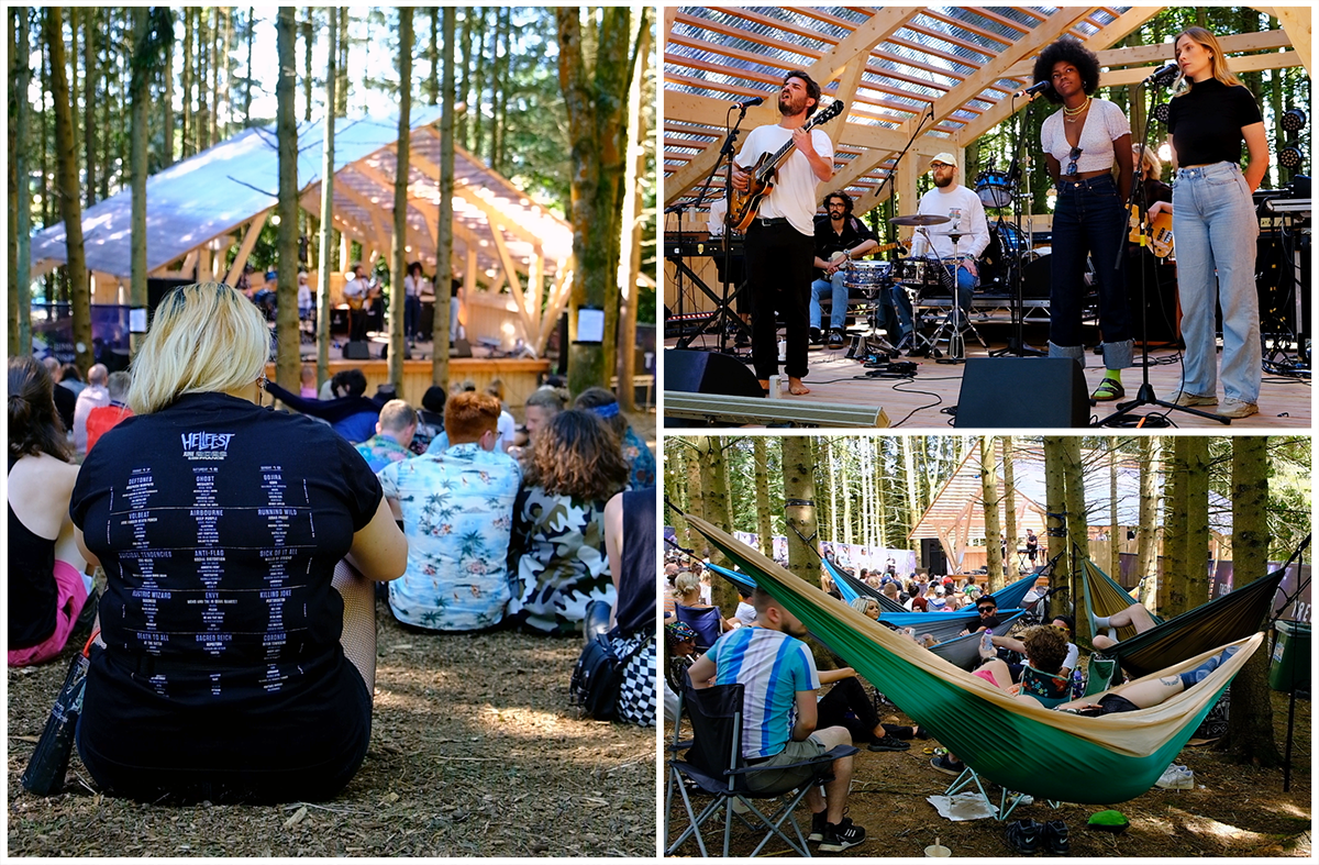 A woman watching the 2000trees forest stage, a trio of musicians performing, audience members in hammocks