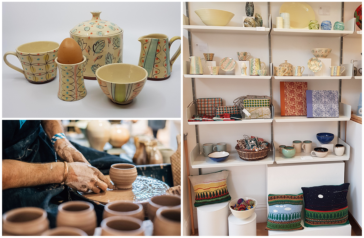 A man making pottery and finished ceramics on display