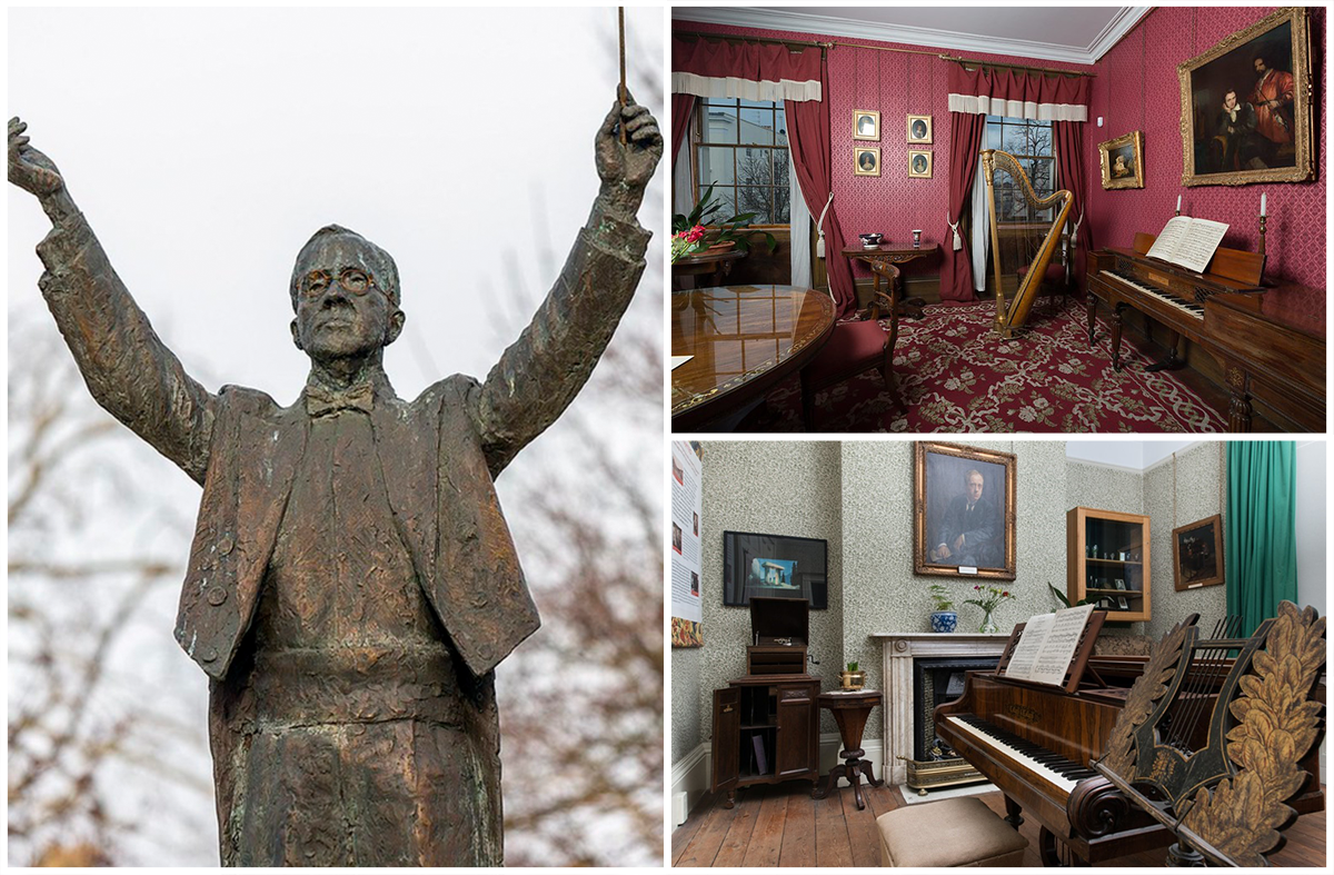 Left to right: A statue of Gustav Holst, Holst Victorian House, Gustav Holsts piano