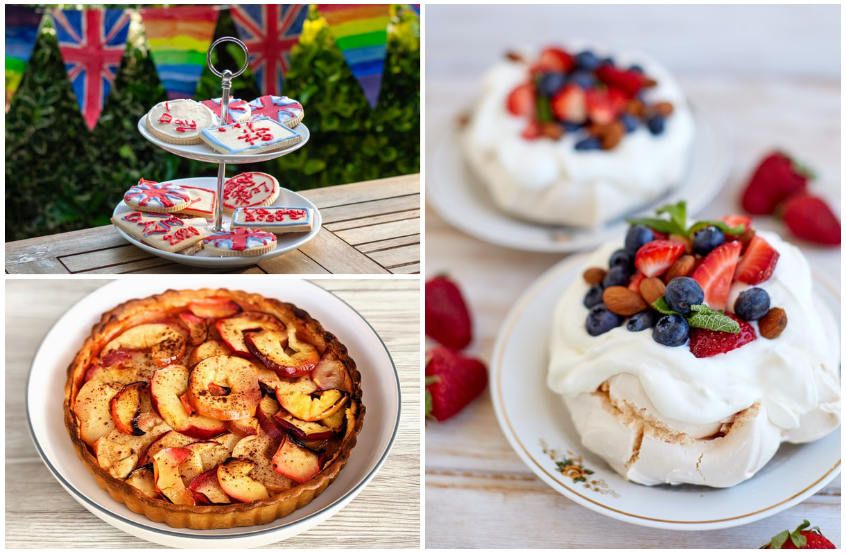 Cookies surrounded by union jack bunting, pavlova covered in berries and an apple tart