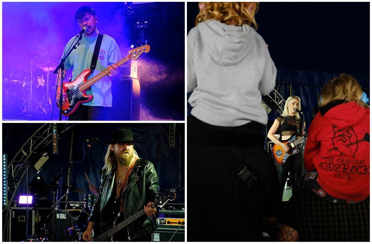 A guitarist signing on stage, a man in a brimmed hat playing electric guitar, a female vocalist outlined by two audience members