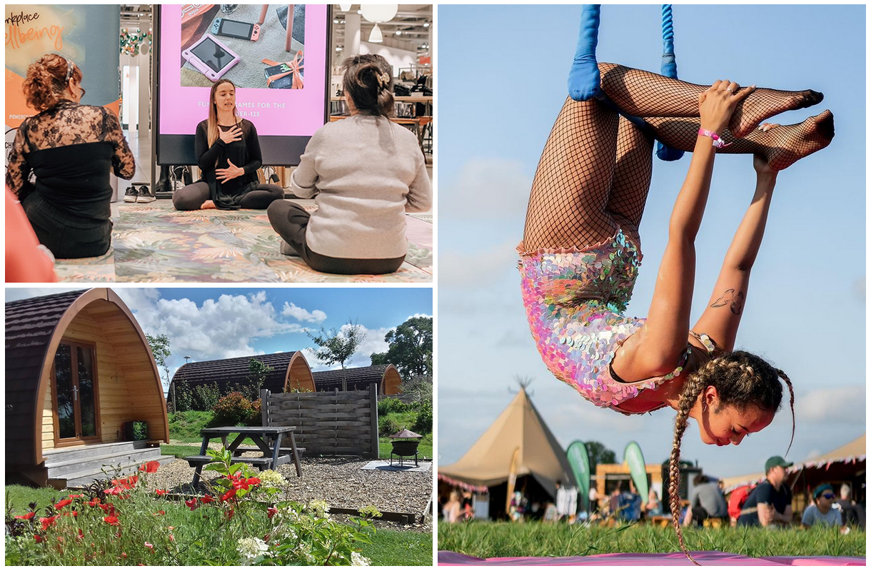 A collage of people doing yoga, glamping huts, and festival performers.