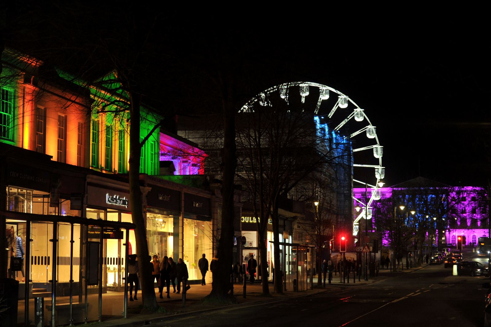 An image of Cheltenham Promenade lit up in different colours