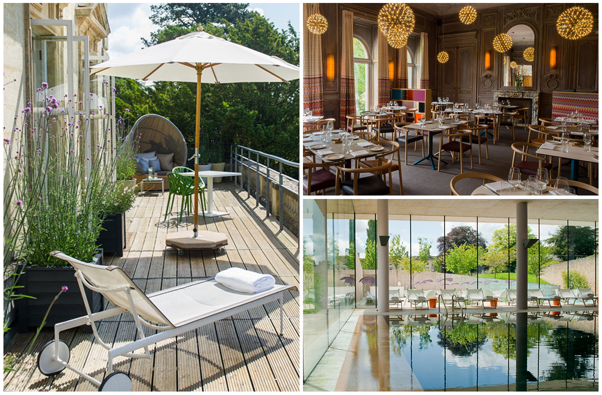 Cowley Manor dining room, deck and swimming pool