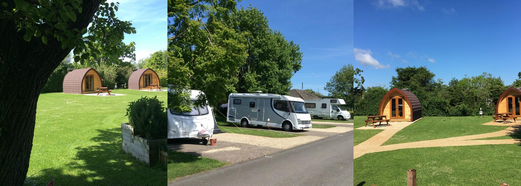 Collage of campsite facilities in Cheltenham, including caravan sites and camping pods