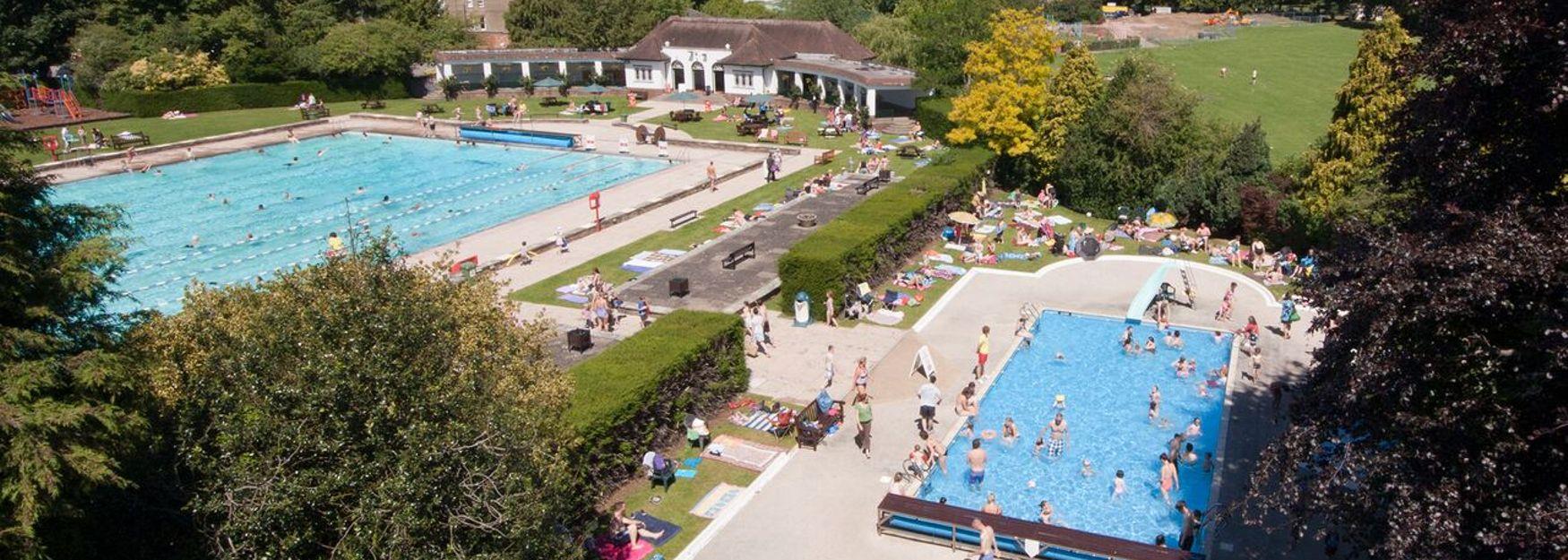 Aerial view of Sandford Lido, the outdoor pool in Cheltenham