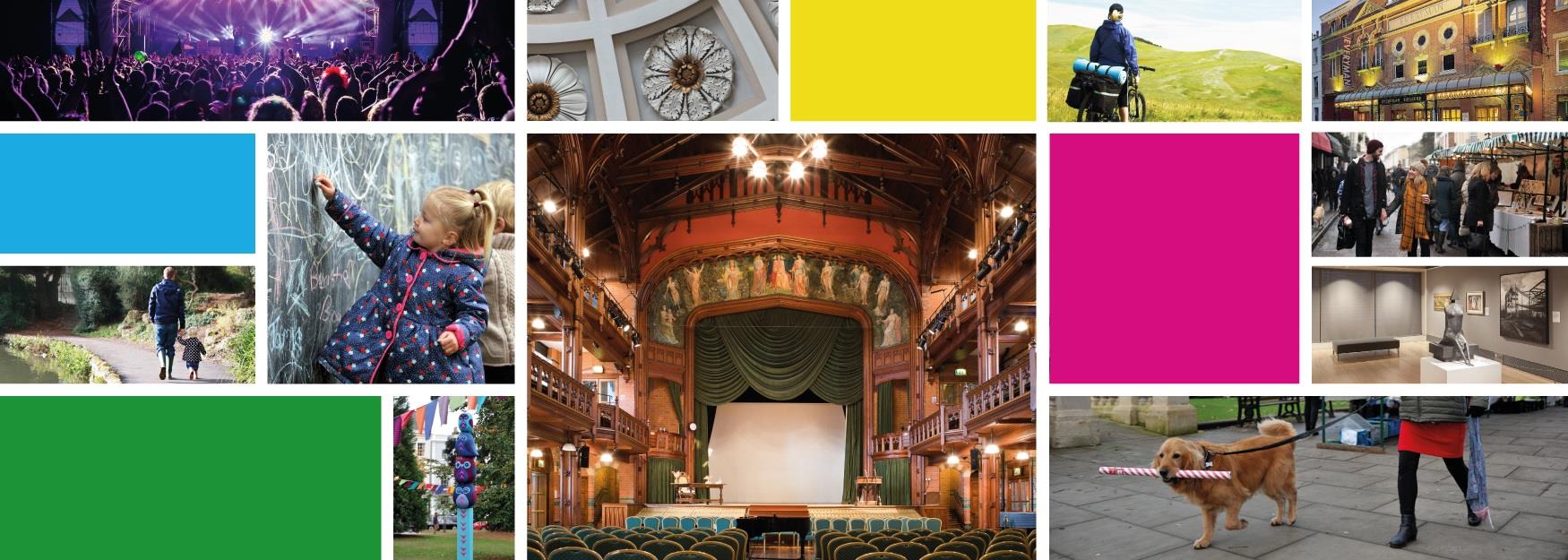 Collage of photographs and colours showing a selection of Things to Do in Cheltenham
