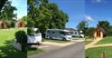 Collage of campsite facilities in Cheltenham, including caravan sites and camping pods