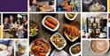 Collage of images of food and drink including cocktails and afternoon tea