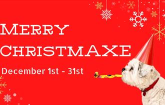 Poster for Merry ChristmAxe with dog blowing a party blower
