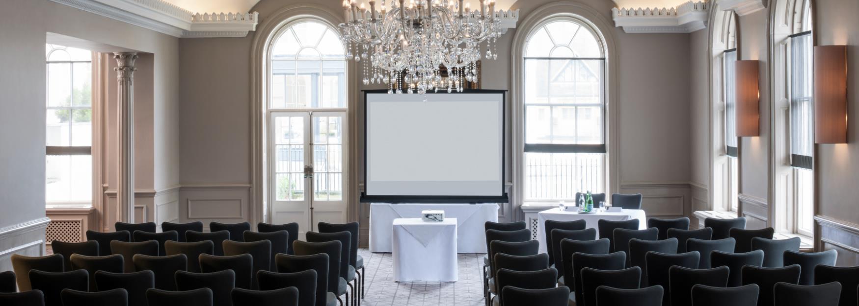 The Regency Suite in Queens Hotel Cheltenham, setup for a conference in theatre style