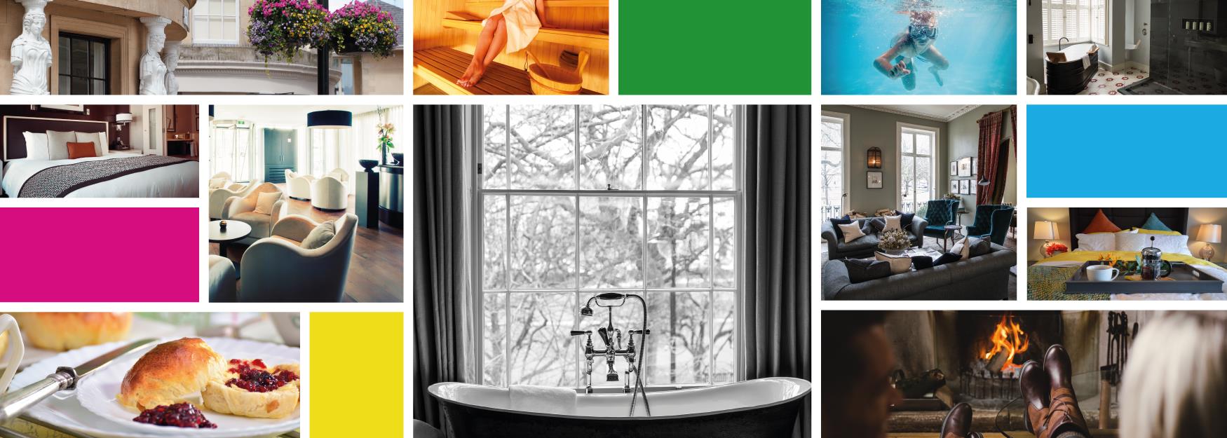 Collage of photographs and colourful tiles showing some of Cheltenham's superb range of accommodation options