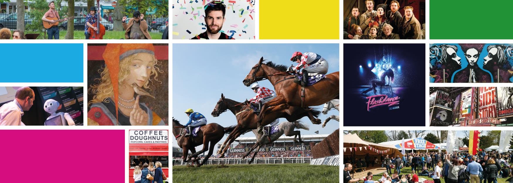 Collage of photographs and colours showing the range of events and festivals on offer in Cheltenham